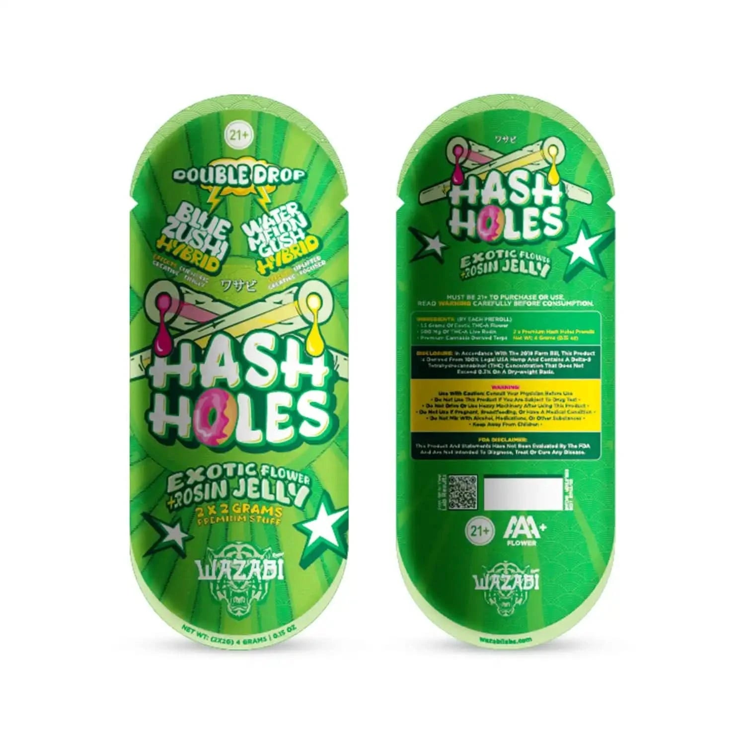 WAZABI EXOTICS 2G HASH HOLE DOUBLE DROP PREROLLS 2CT - HYBRID | BLUE ZUSHI + WATERMELON GUSH