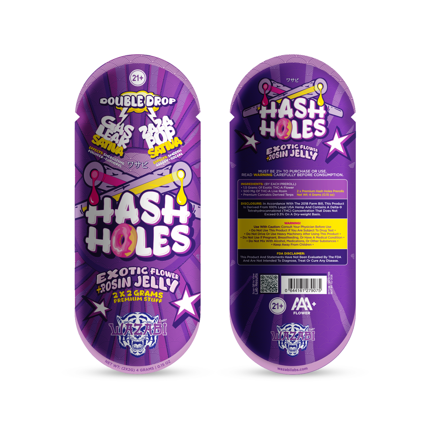 WAZABI EXOTICS 2G HASH HOLE DOUBLE DROP PREROLLS 2CT - SATIVA | GAS LEAK + ZAZA POP